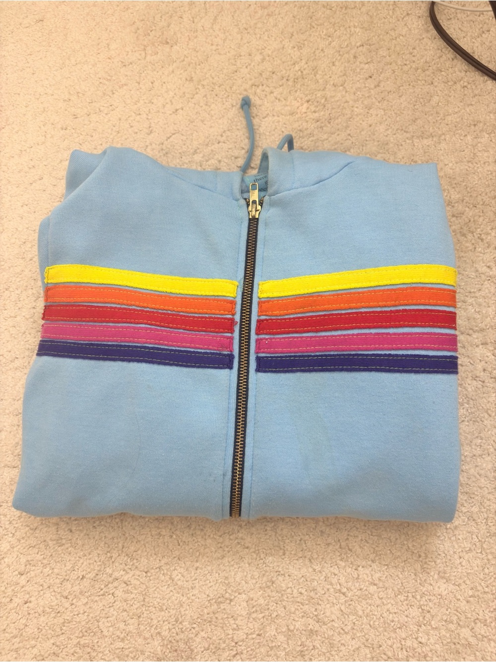 Aviator Nation Light Blue Hoodie with Rainbow Stripe Details - Picture 1 of 1